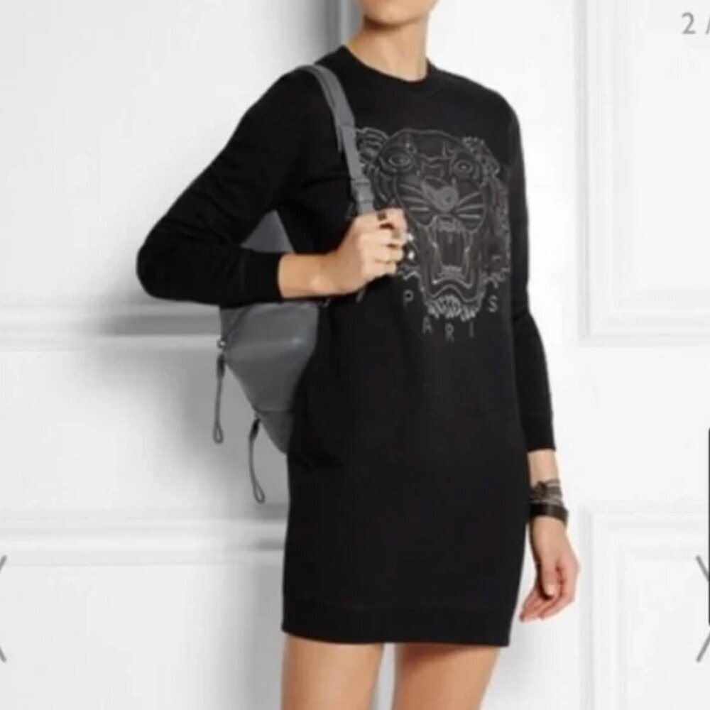 Kenzo Black Tiger Embroidered Long Sleeve Sweatshirt Mini Dress w Pockets. Large